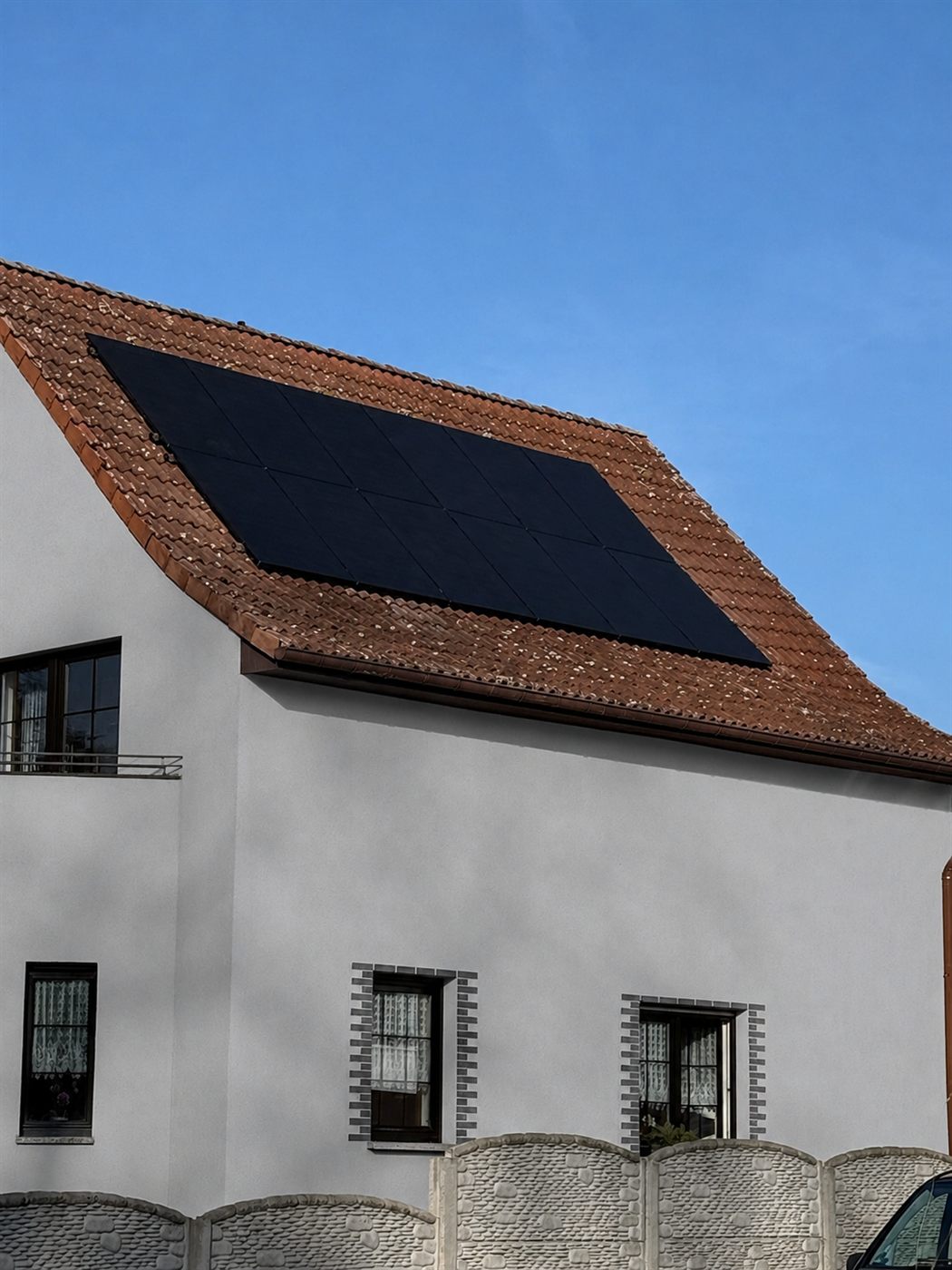 Kompaktes schwarzes Photovoltaik-Modulfeld bündig eingepasst in ein rotes Ziegeldach